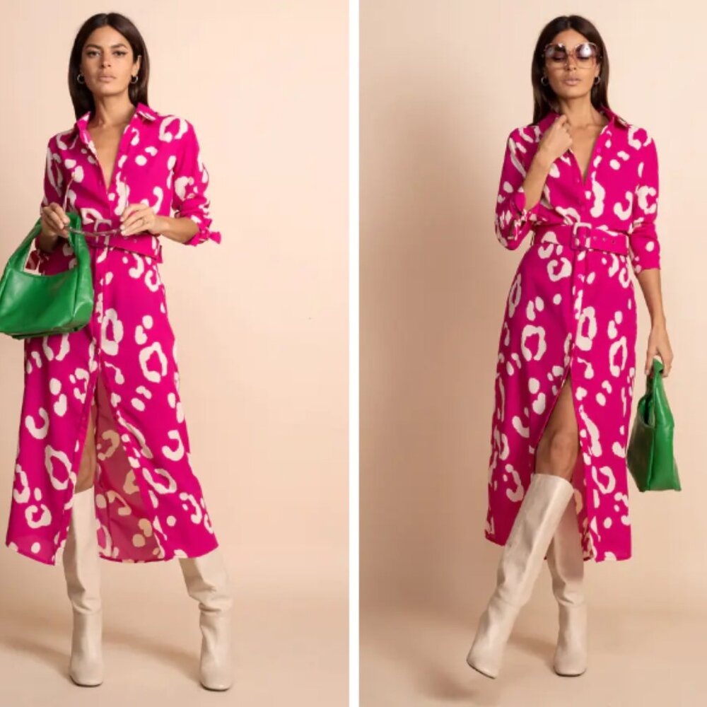 NWT Alva Midi Shirt Dress in Oversized Leopard Cream on Beetroot